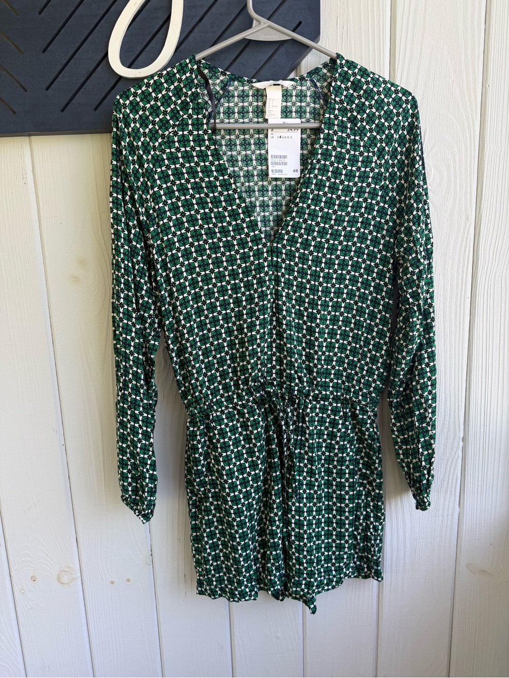NWT H&M Green White Printed Long-Sleeve Romper
